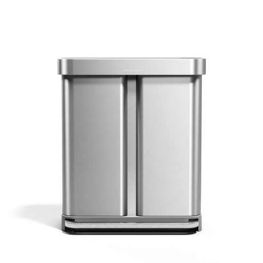 Simplehuman 58L Step Recycler in Brushed Stainless Steel, dual compartment for trash and recycling, hands-free foot pedal.