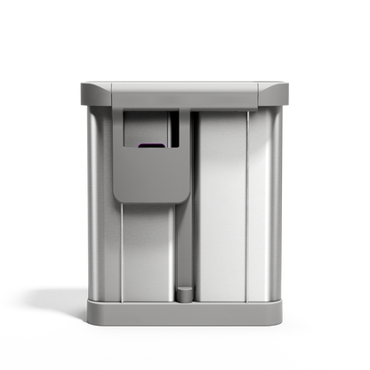 Front view of Simplehuman 58L Step Recycler in Brushed Stainless Steel with dual compartments and hands-free foot pedal.