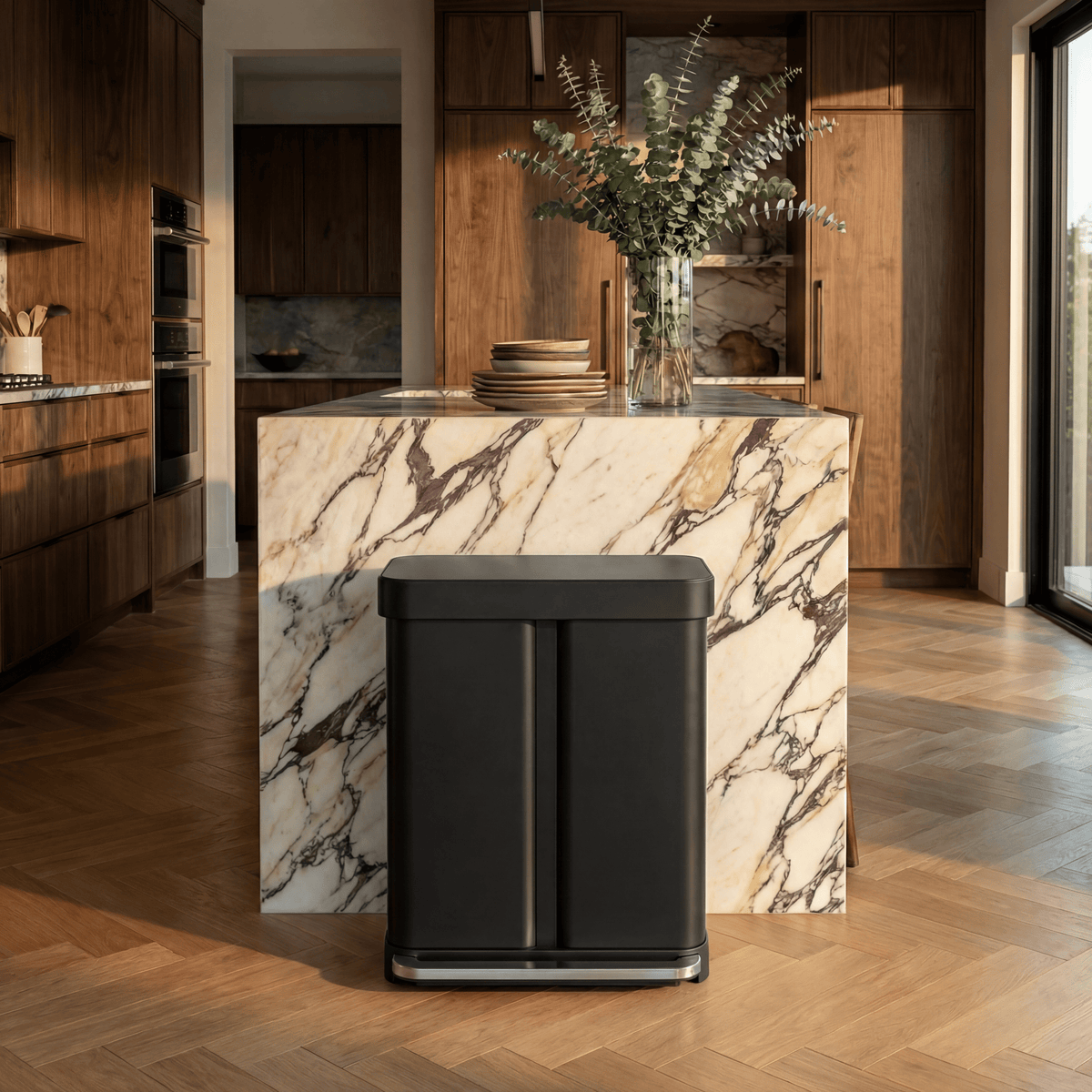 Simplehuman's 58L Step Recycler in Brushed featuring a marble counter top with plants and dishes on top and wooden cabinets in the background with warmer mood lighting.