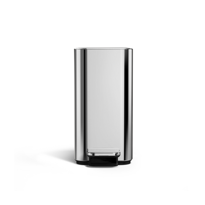 Simplehuman 5L Slim Step Can, Polished Stainless Steel, Front view, hands-free slim design.