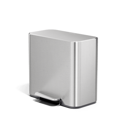 Simplehuman 16L Brushed Stainless Steel Mini Step Can with pedal, angled view.