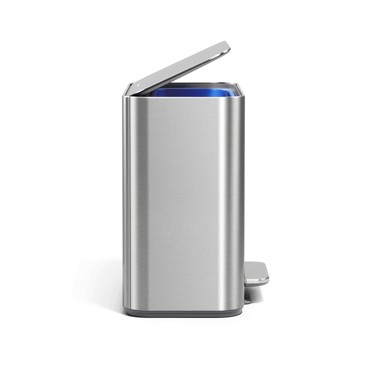 Simplehuman 16L Brushed Stainless Steel Mini Step Can with pedal, side angle.