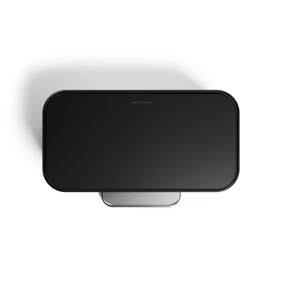 Simplehuman 16L Matte Black Mini Step Can with pedal, lid view.