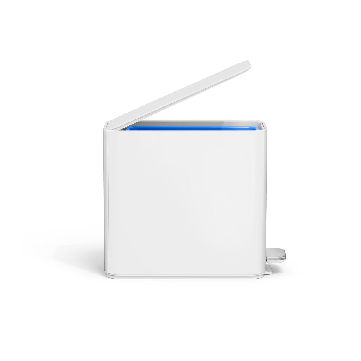 Simplehuman's 9L Slim Step Can in White side view with the lid open.