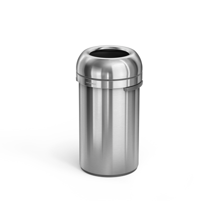 Simplehuman's 60L All-Steel Bullet Open Can in Brushed Angled view.