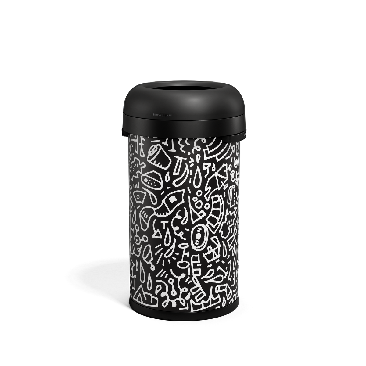 Angled view of Simplehuman 60L Bullet Open Can, Black with custom Doodle graphic, high-capacity, quick disposal.