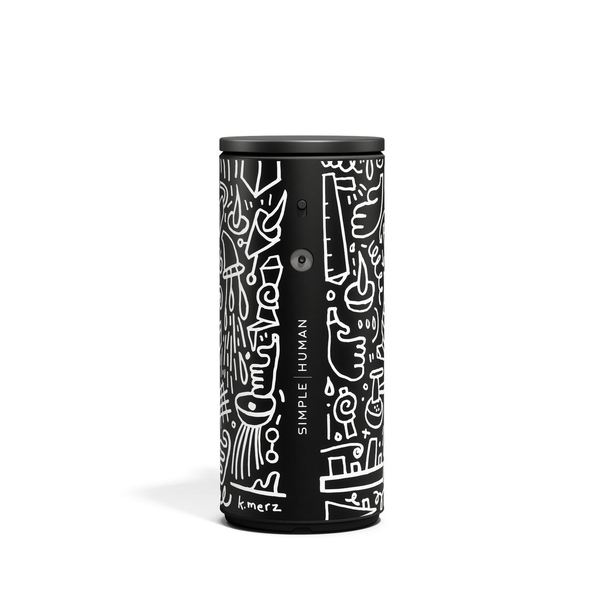Front studio view of Simplehuman 9 oz. Sensor Pump in Black Doodle Graphic, touch-free with adjustable dosage.