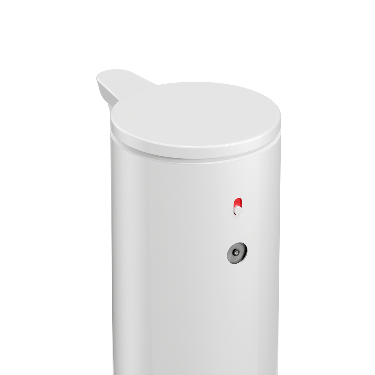 High-angle detail view of Simplehuman 9 oz. Sensor Pump (White), highlighting the dosage control switch.