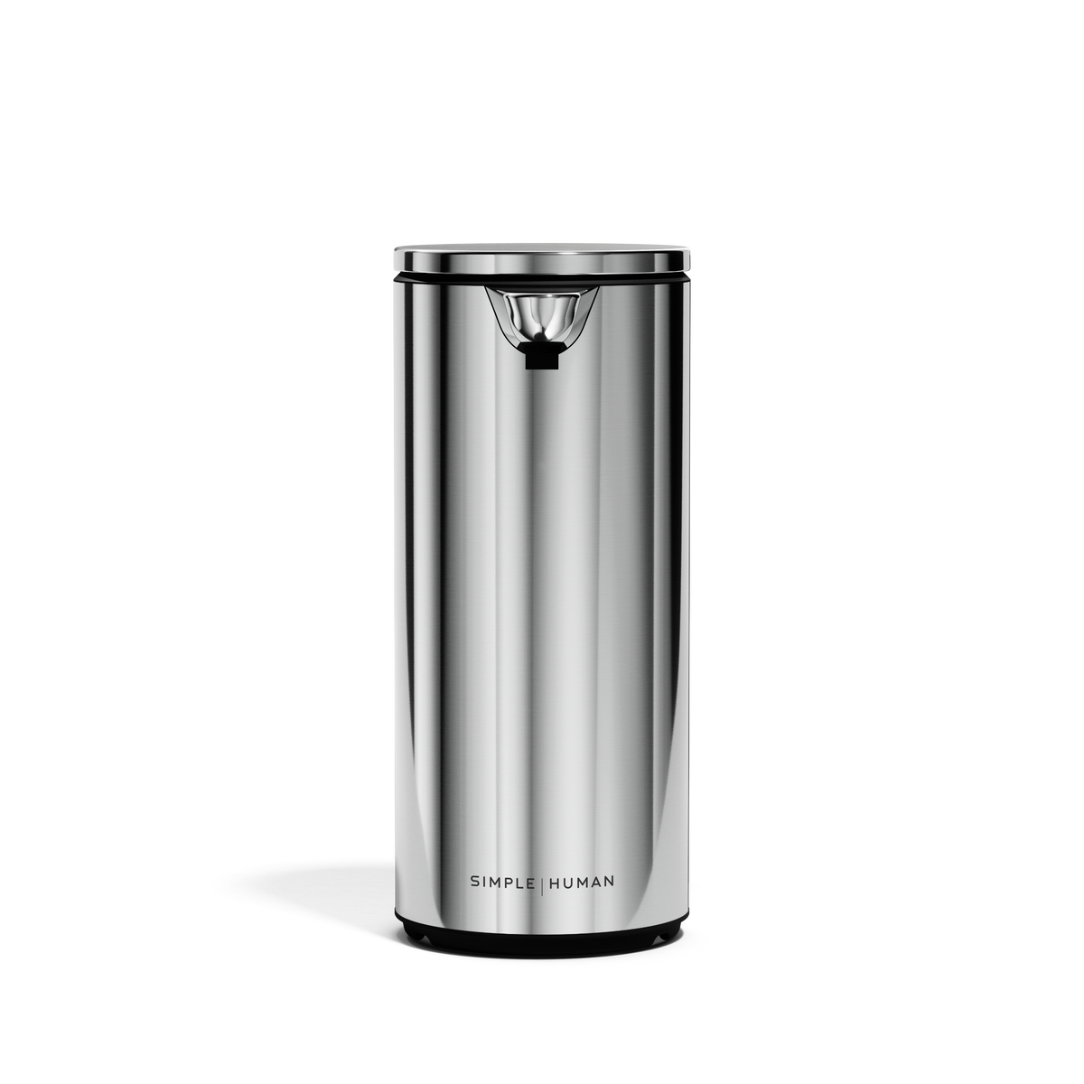 Straight-on view of Simplehuman 9 oz. Rechargeable Sensor Pump in Brushed Stainless Steel, adjustable dosage.
