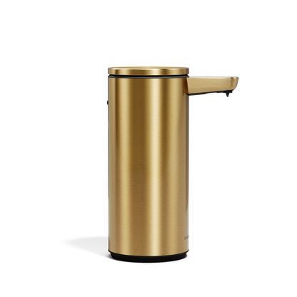 Side view of Simplehuman 9 oz. Rechargeable Sensor Pump in Brass, hands-free liquid dispenser.