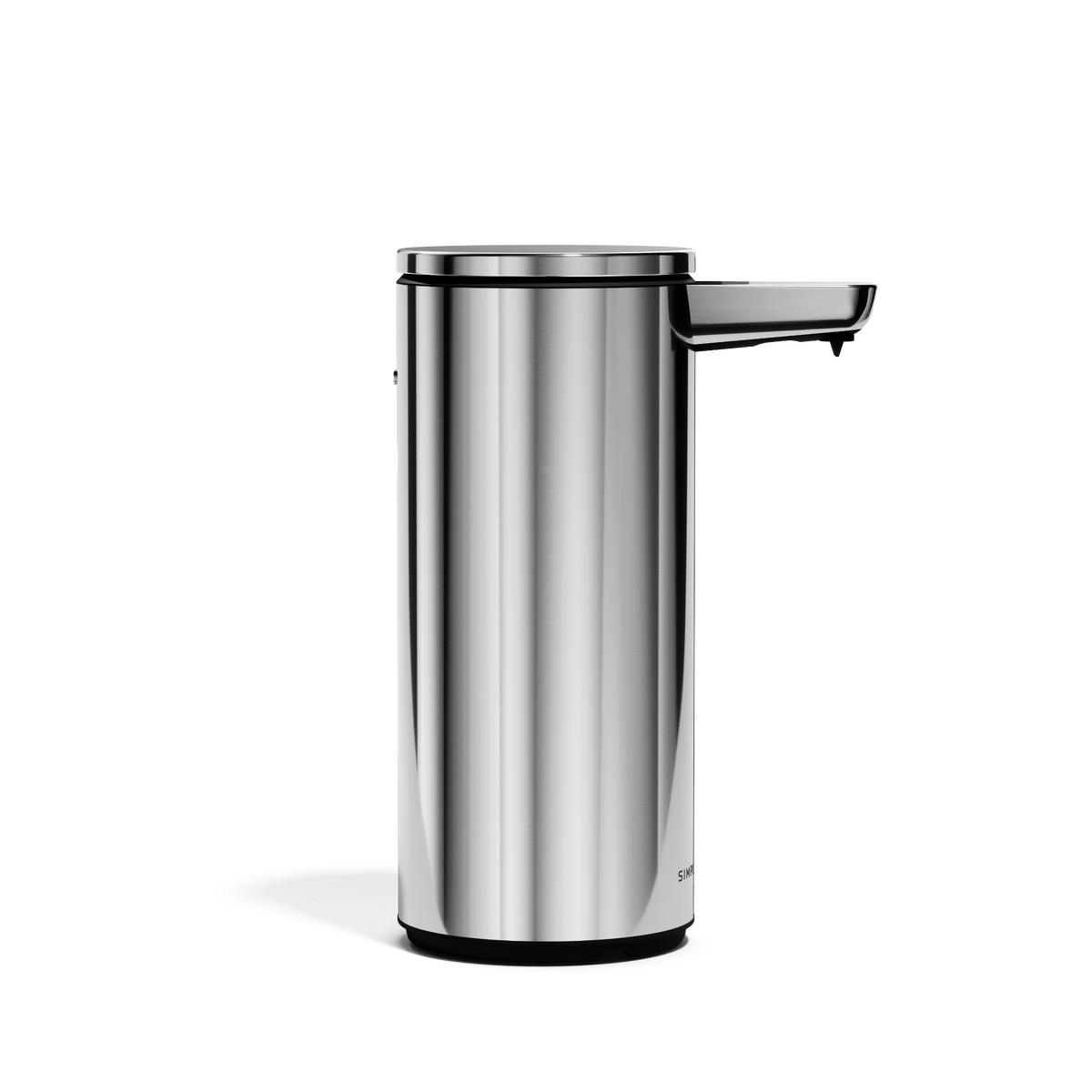 Profile view of Simplehuman 9 oz. Rechargeable Liquid Sensor Pump in Polished Stainless Steel, touch-free dispenser.