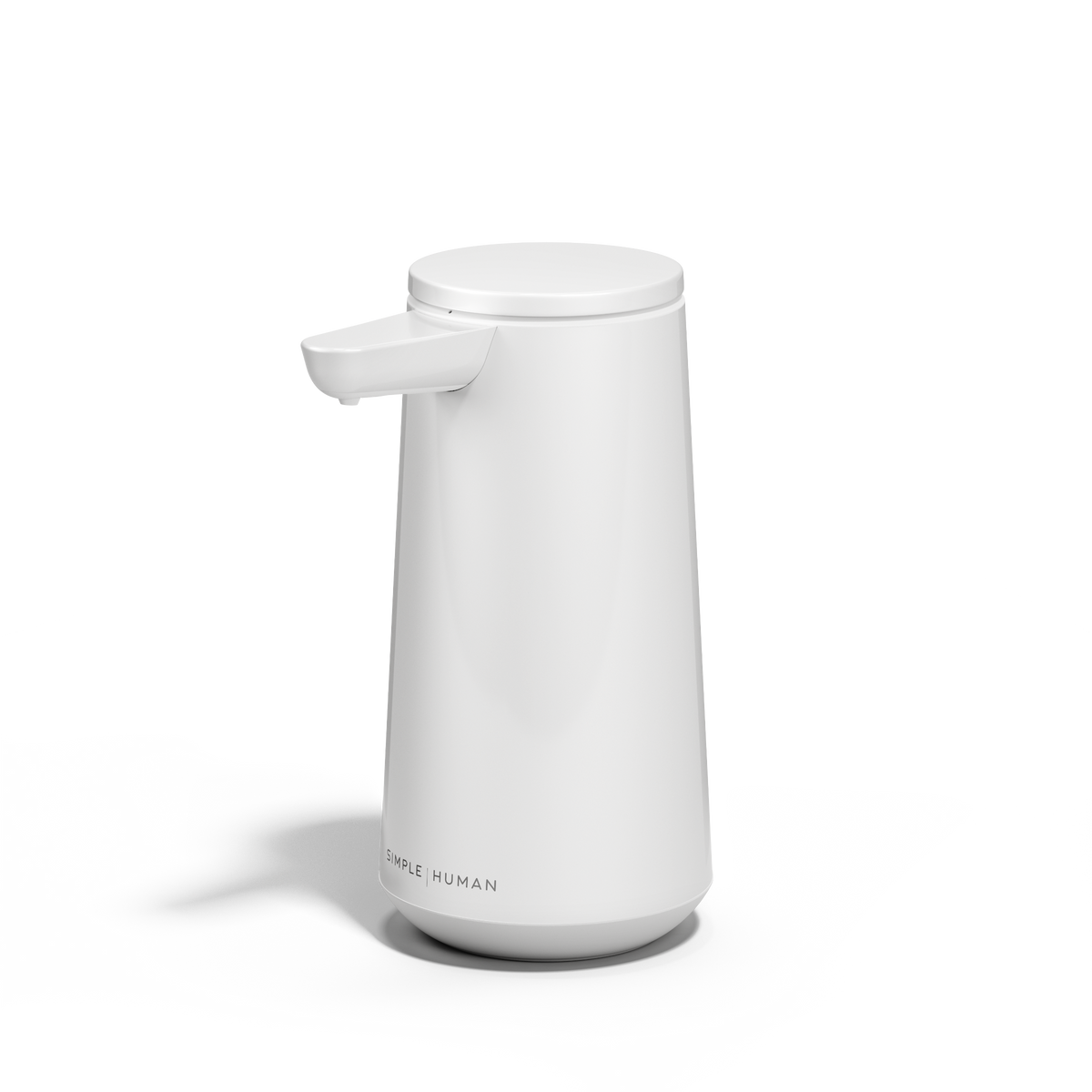 Simplehuman White Sensor Pump Foam, Angled view, touch-free foam dispensing, drip-free design.