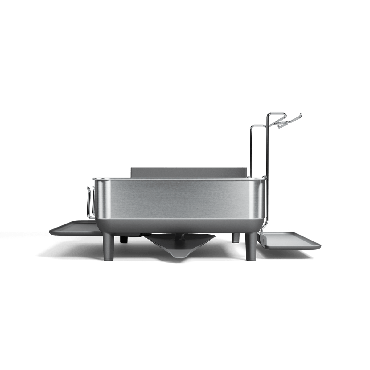 Simplehuman Brushed Stainless Steel Steel Frame Dishrack, side view showing pivoting spout and integrated cup holders.
