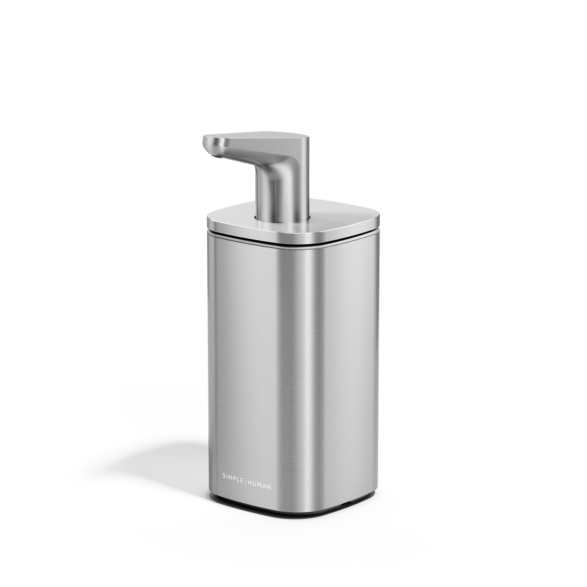 Angled view of Simplehuman 10 oz. Pulse Pump in Brushed Stainless Steel with precise, square design.