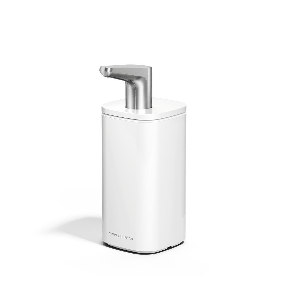 Front angled view of Simplehuman 10 oz. Pulse Pump in White with polished stainless steel ergonomic spout.