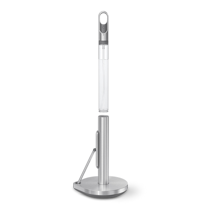 Detail view of Simplehuman Brushed Stainless Steel Paper Towel Holder post and clear removable spray bottle.
