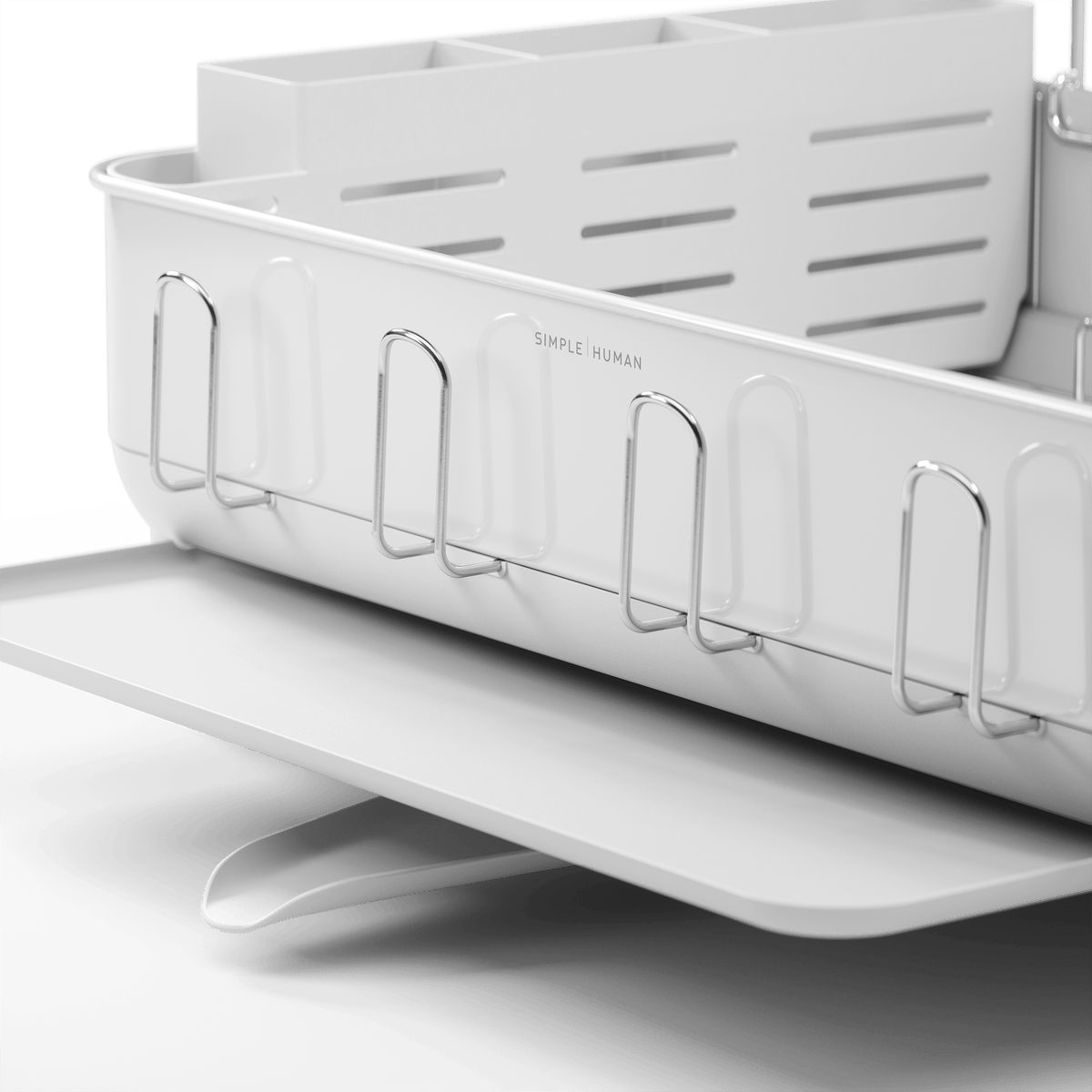 Close-up of Simplehuman White Dishrack side with integrated cup holders, pivoting spout, and removable caddy.