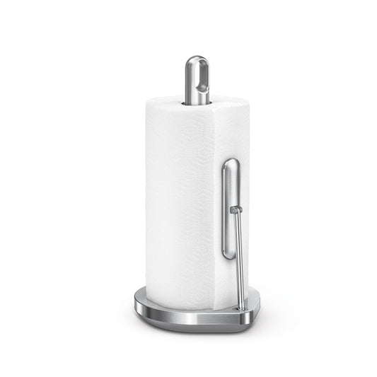 Simplehuman Tension Arm Paper Towel Holder in Polished Stainless Steel, features one-handed tear mechanism.