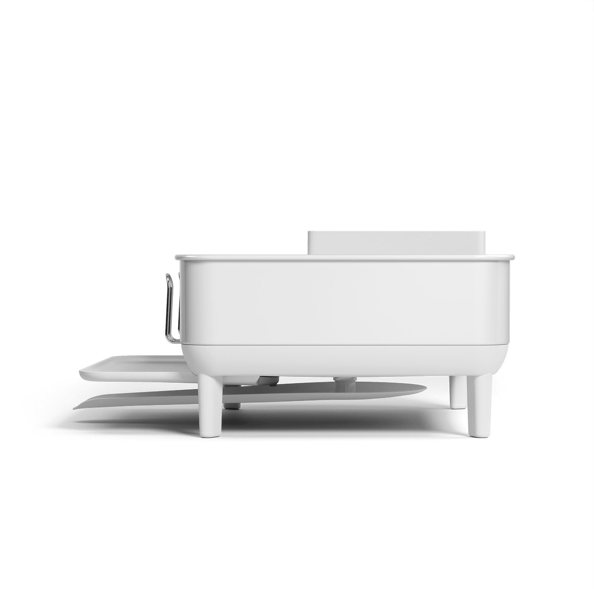 Profile view of Simplehuman Compact Steel Frame Dishrack in White, showing integrated elevated legs and extending drip tray.