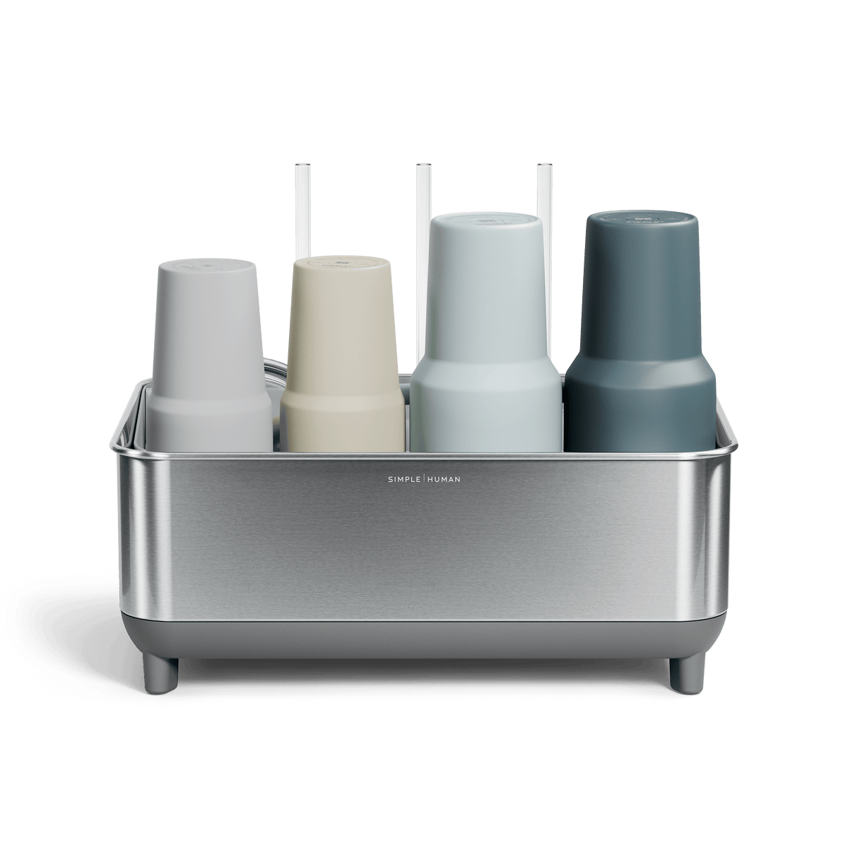 Front view of Simplehuman Brushed stainless steel Bottle Dock holding four reusable bottles in assorted colors.