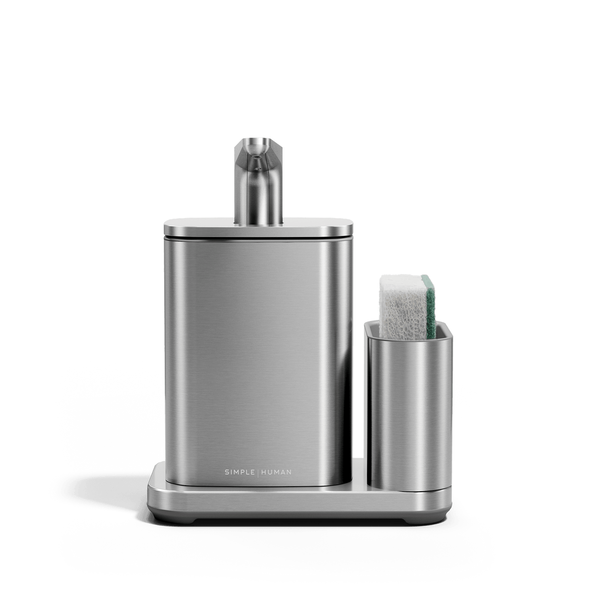 Front view of Simplehuman Brushed stainless steel Pulse Pump with Caddy.