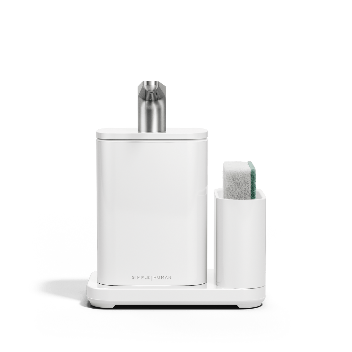 Front view of Simplehuman White Pulse Pump with Caddy with sponge in caddy.