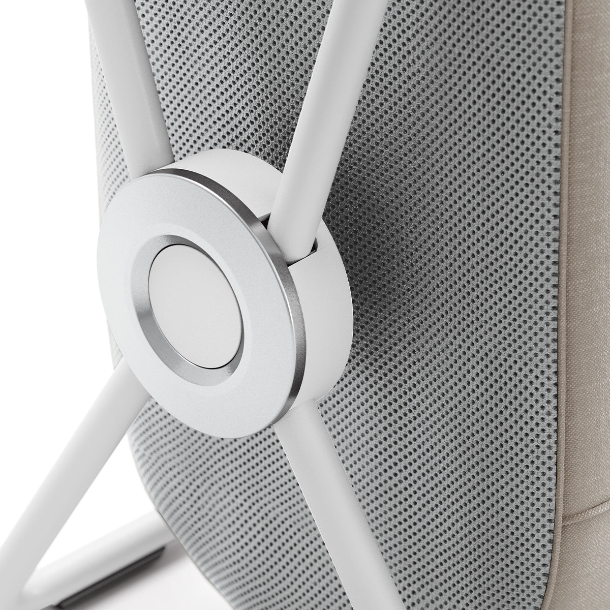 Detail view of Simplehuman Single X-Frame Hamper, White frame connector hinge and breathable mesh liner.