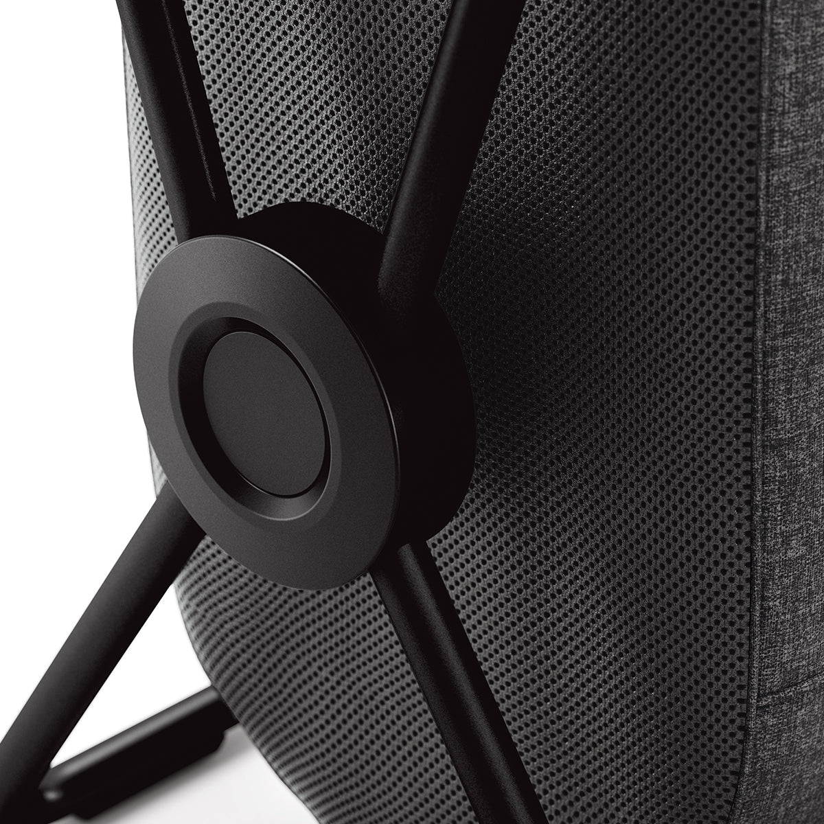 Close-up of Simplehuman Double X-Frame Hamper, Matte Black frame hub connection and dark mesh liner.
