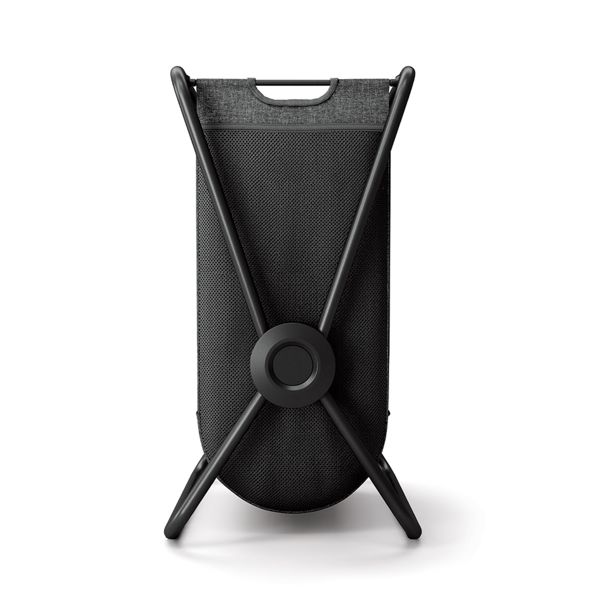 Back view of Simplehuman Double X-Frame Hamper, Black frame structure and removable liner carry handle.
