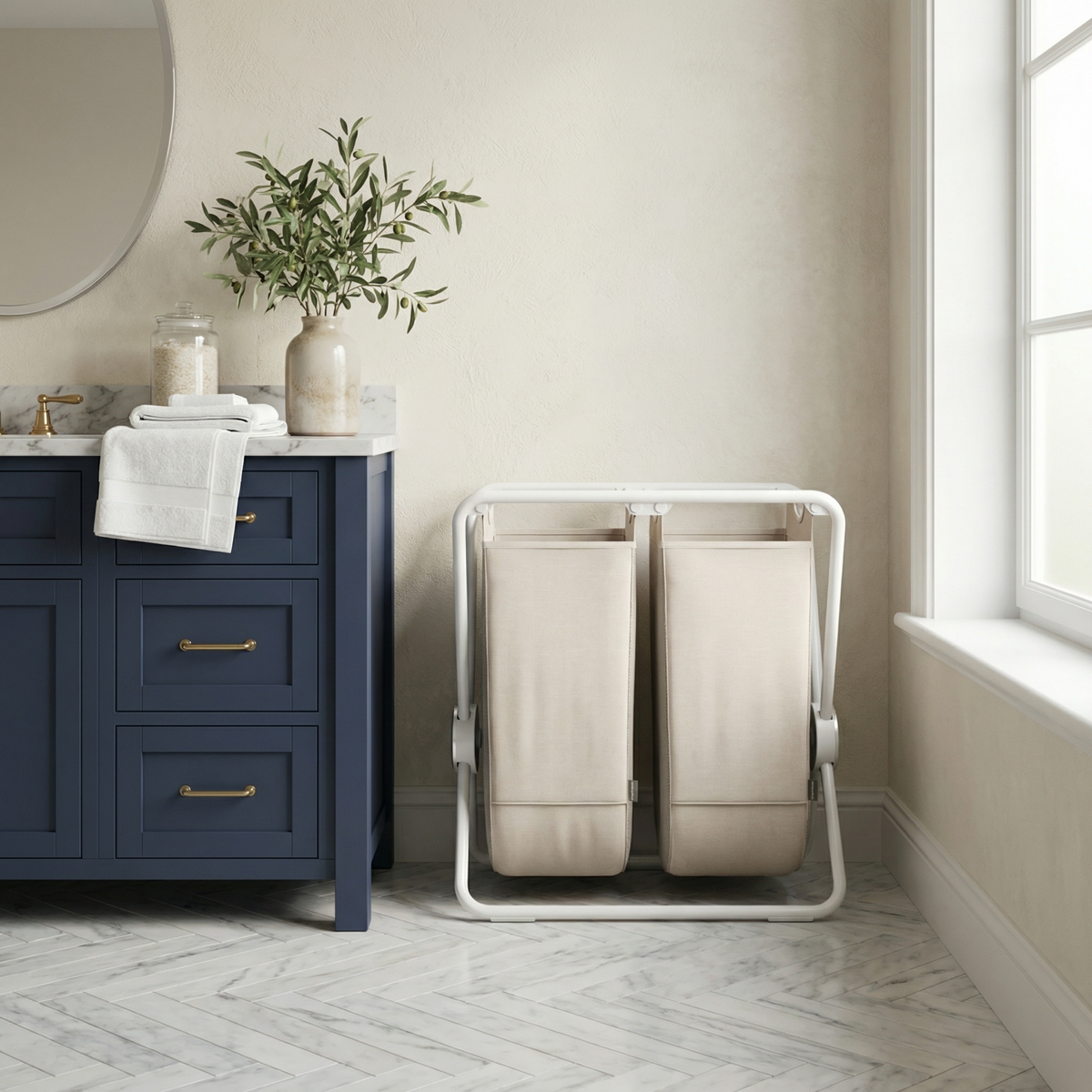 Simplehuman's Dual X-Frame Hamper in white in a modern bathroom setting.