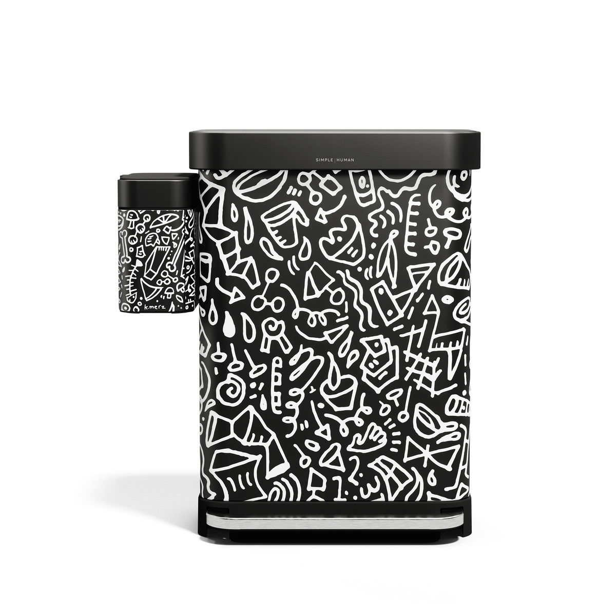 Simplehuman Compost Caddy shown next to matching Step Can in Matte Black with white doodle pattern, for complete waste system.