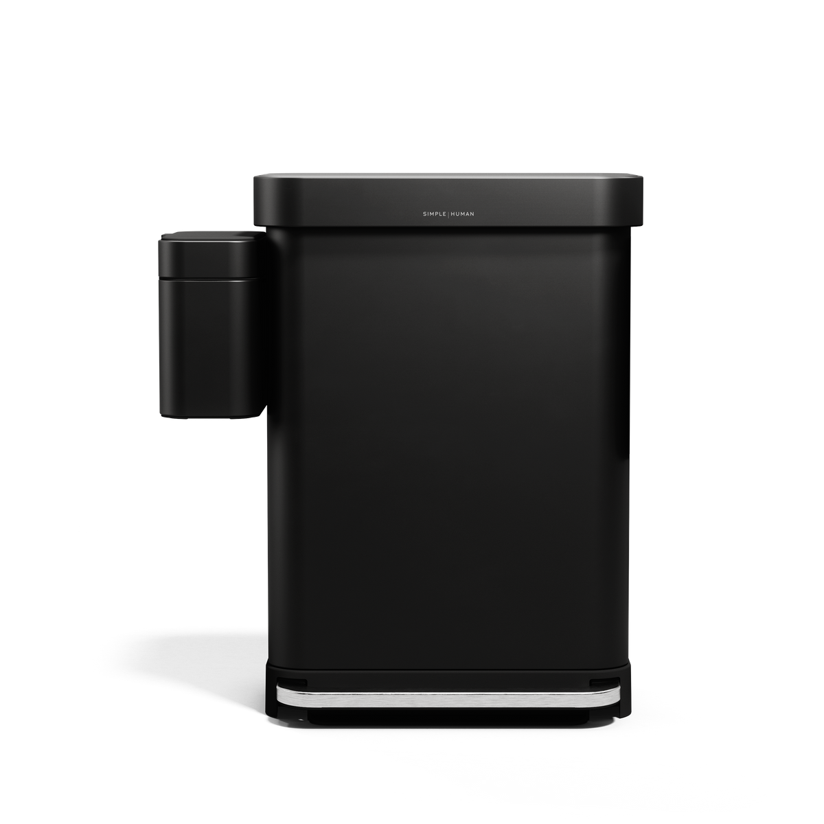 Simplehuman Matte Black Step Can with magnetically attached Compost Caddy, full front view.