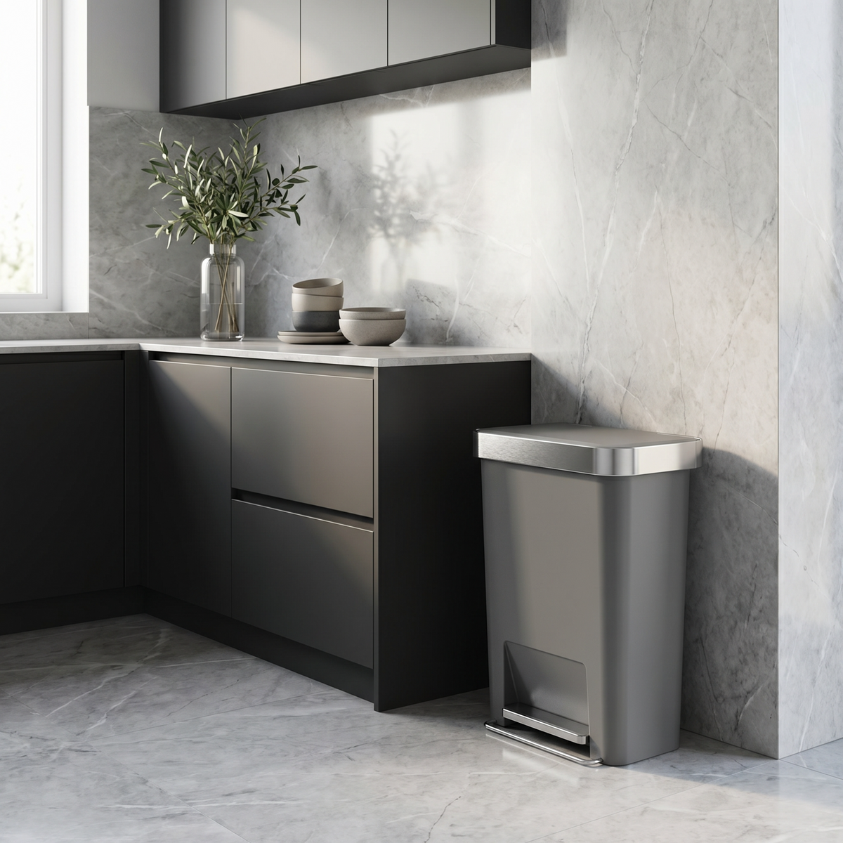Simplehuman's 45L Hybrid Can in a grey finish in a simple kitchen setting.