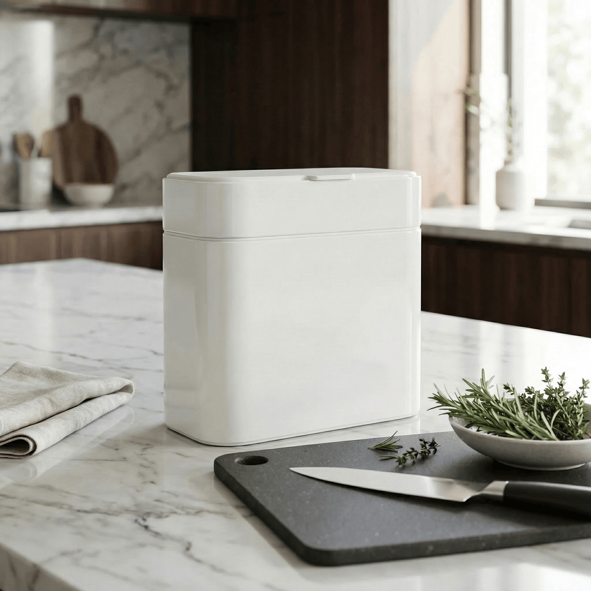 Simplehuman's Compost Caddy in White on white marble countertop with rosemary and thyme on a cutting board and wooden appliances in the background.