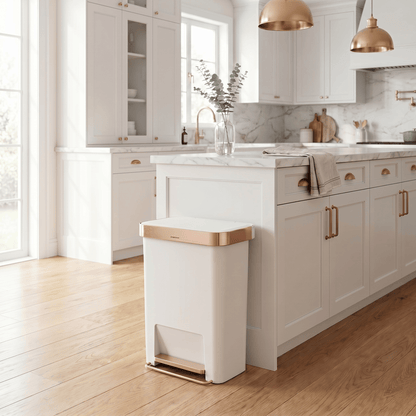 Simplehuman's 45L Hybrid Step Can in a modern kitchen setting.
