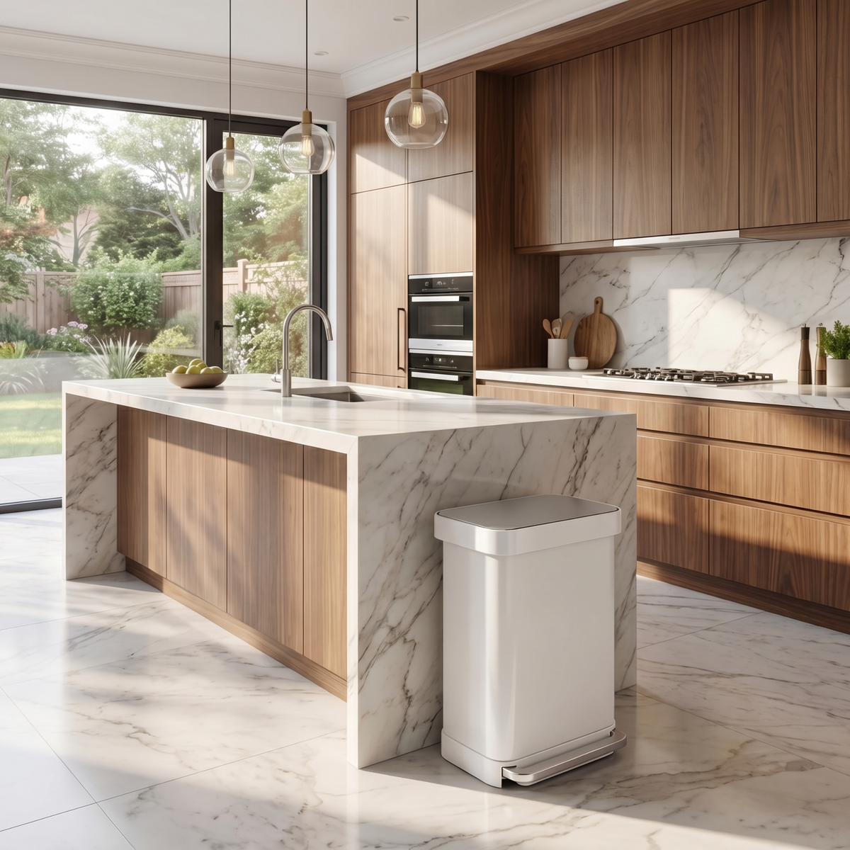 Simplehuman's 55L Rectangular Step Can in a modern kitchen setting with natural lights, marble countertops and wooden cabinets.