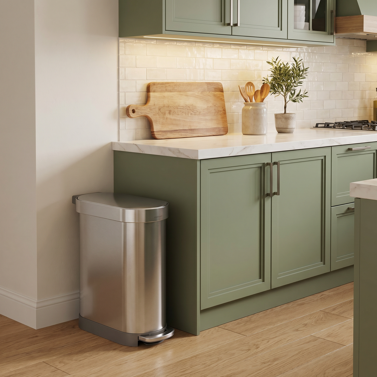 Simplehuman's Slim Step Can in Brushed in a modern kitchen setting with green cabinets.