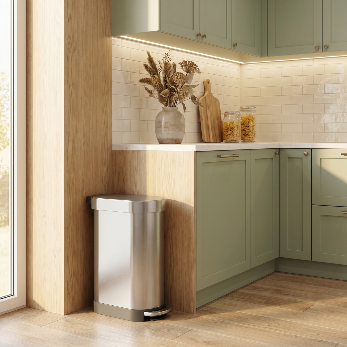 Simplehuman's Slim Step Can in a modern kitchen setting with pistachio green cabinets.