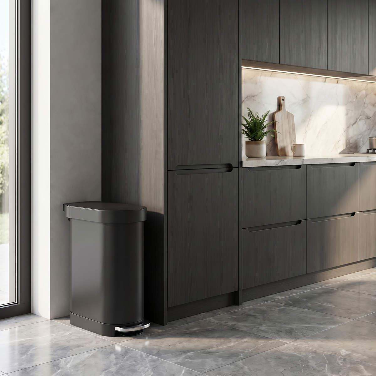 Simplehuman's Slim Step Can in Black in a modern kitchen setting.