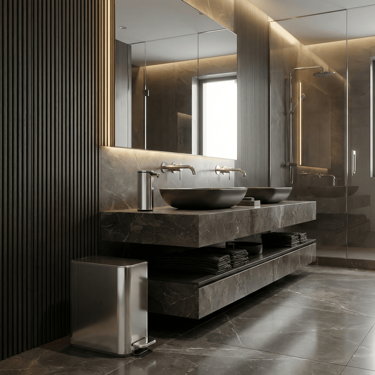 Simplehuman's 5L Slim Step Can in Polished in a modern bathroom setting with towels and a matching sensor pump on the counter top.