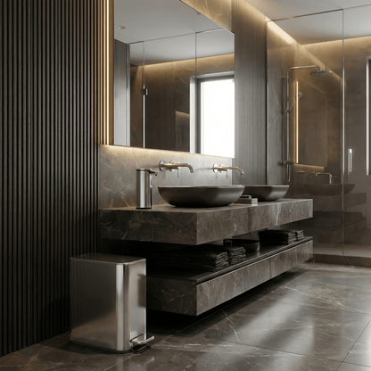 Simplehuman's 5L Slim Step Can in Polished in a modern bathroom setting with towels and a matching sensor pump on the counter top.