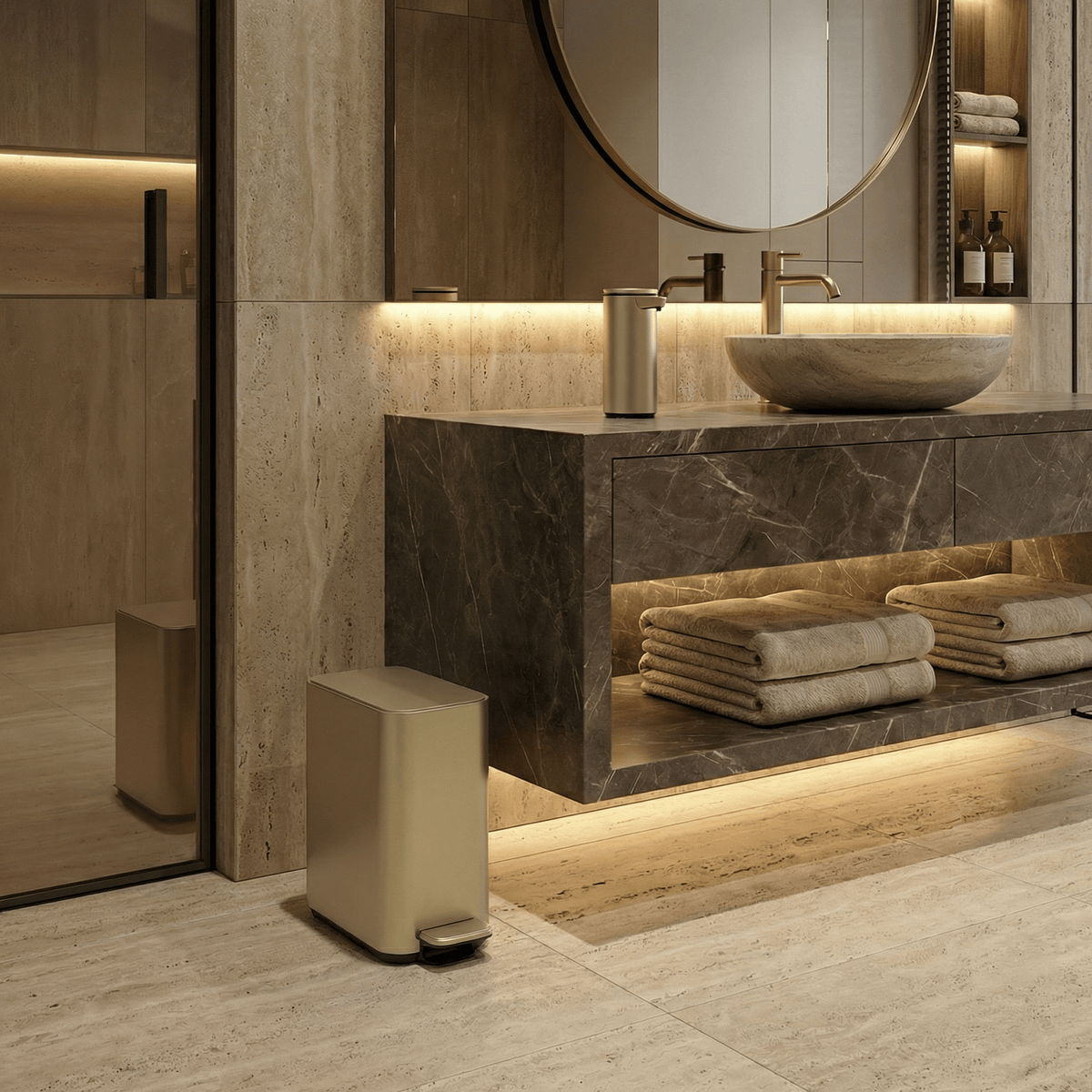 Simplehuman's 5L Slim Step Can in Matte Gold in a modern luxury styled bathroom featuring marble counter tops, warm lighting, towels, and he Simplehuman Sensor Pump in Matte Gold.