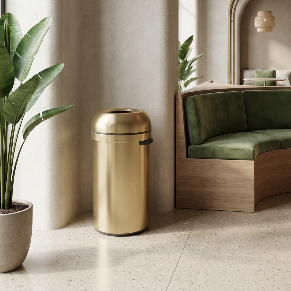 Simplehuman's 60L Bullet Open Can in Gold in a hotel lobby setting with natural lighting as well as green and wooden furniture and some potted plants.