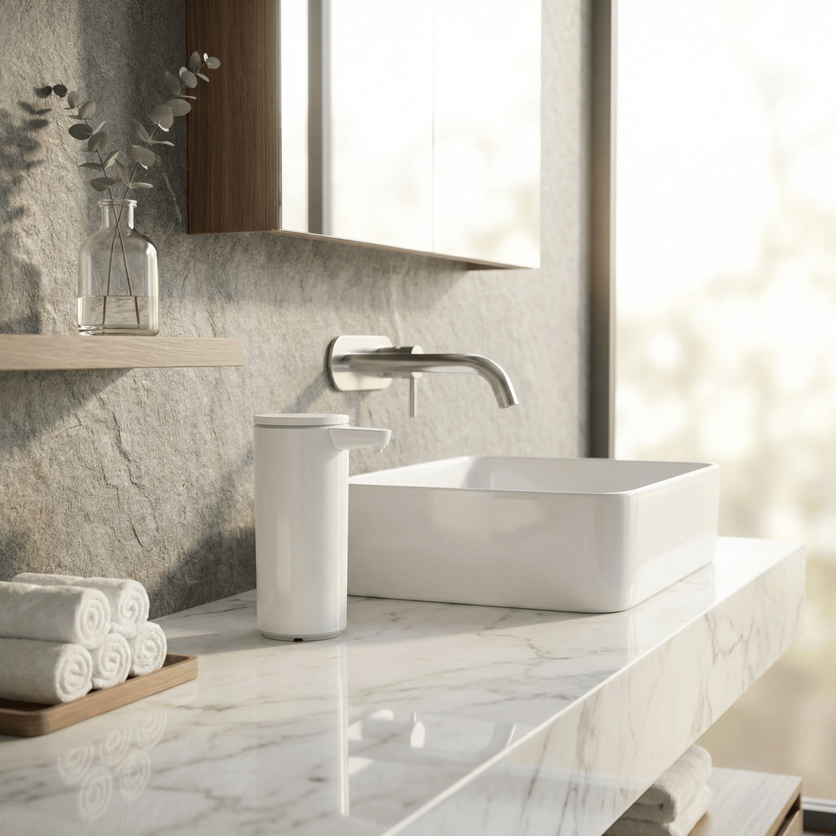 Simplehuman's 9 oz. Liquid Sensor Pump in White in a modern bathroom setting next to a white sink.